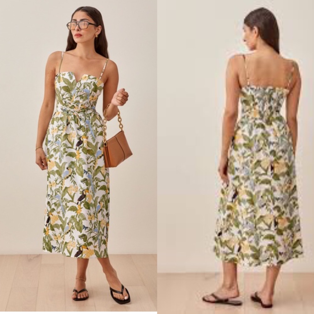 Reformation Cosima Linen dress beautiful tropical print size 2